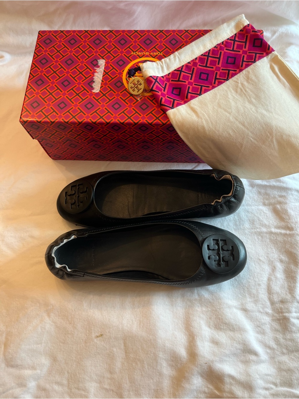 Tory Burch Black Leather Logo Minnie Ballet Flats